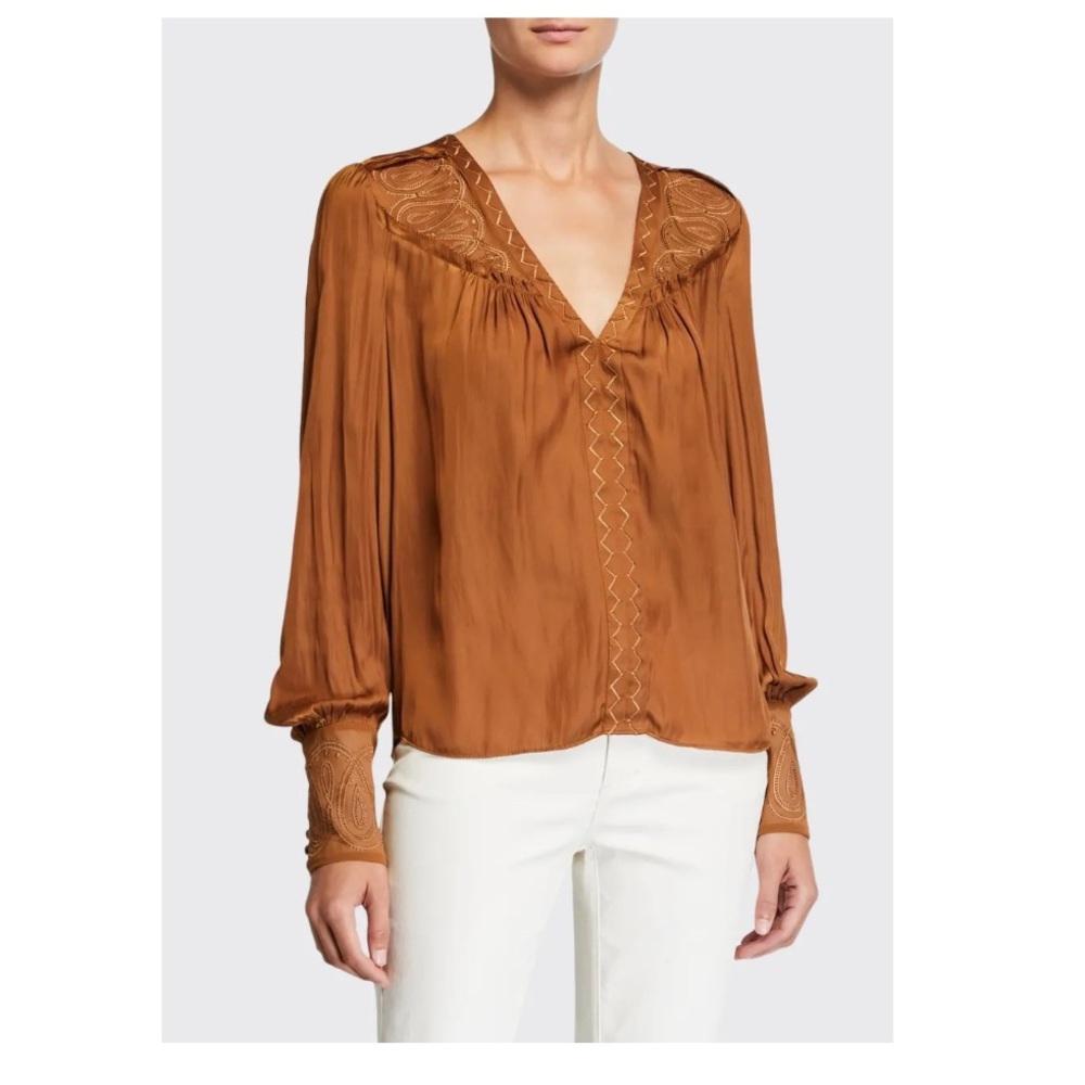 Ramy Brook Justin Embroidered Bishop-Sleeve—Top NWT